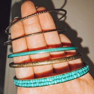 Set Of 5 Boho Brass/Turquoise Bangles